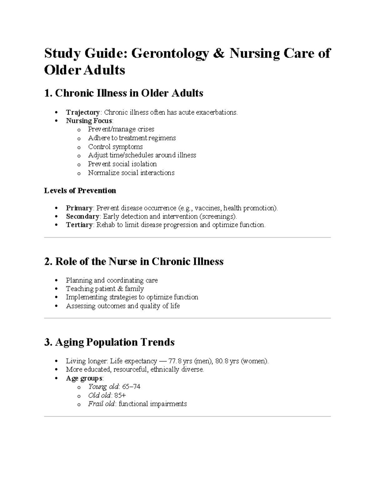 Gerontology Nursing Care Study Guide: Chronic Illness & Aging - Studocu