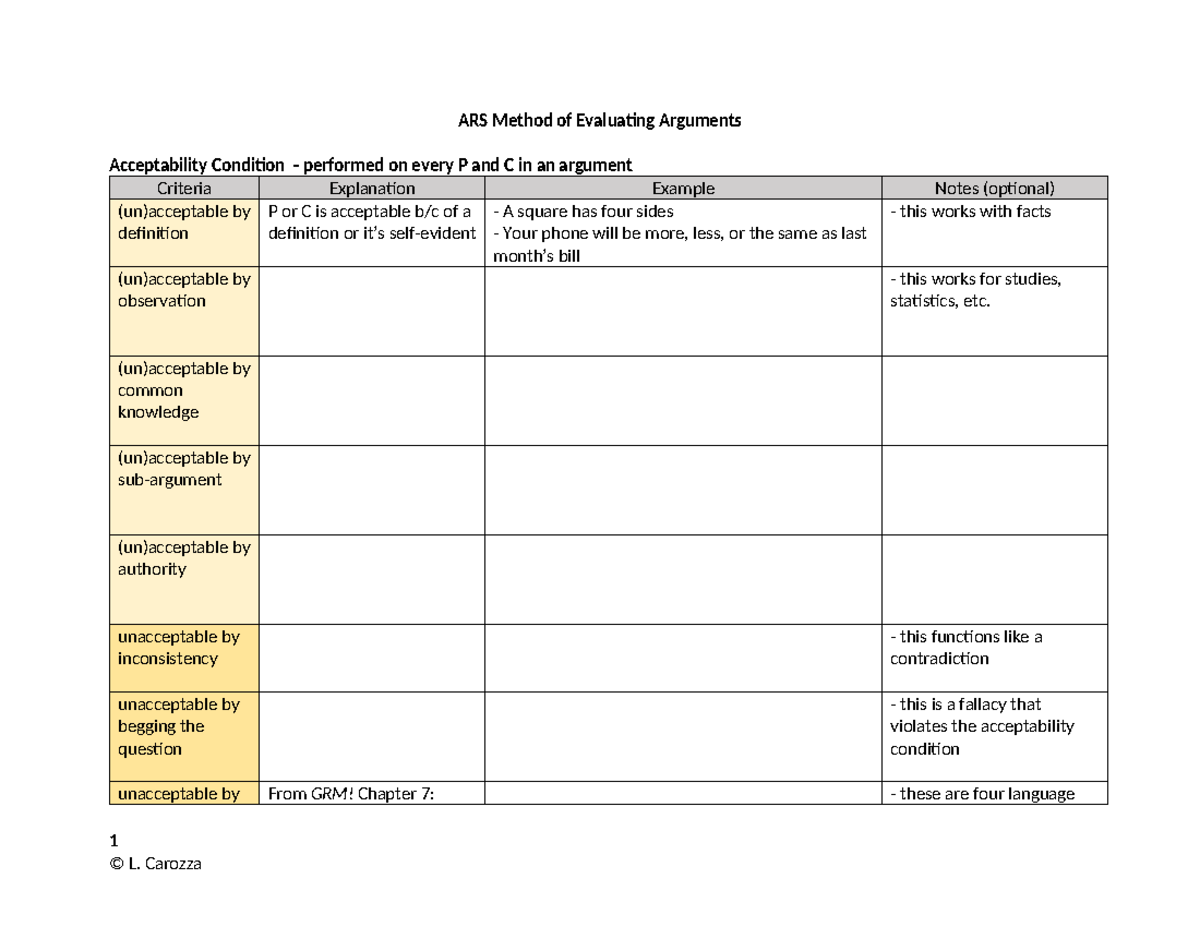 ARS Method Note-Taking Handout: Evaluating Arguments & Conditions - Studocu