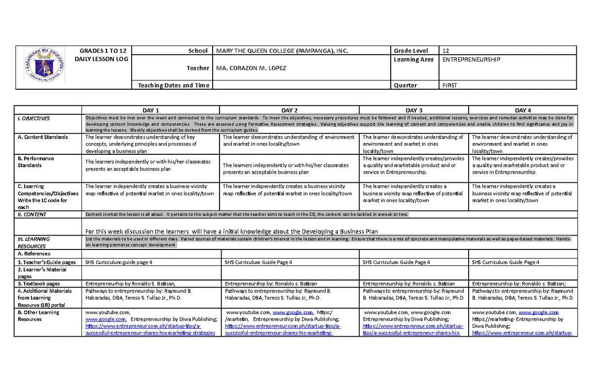 Week 11-12 Applied Entrep - GRADES 1 TO 12 DAILY LESSON LOG School MARY ...