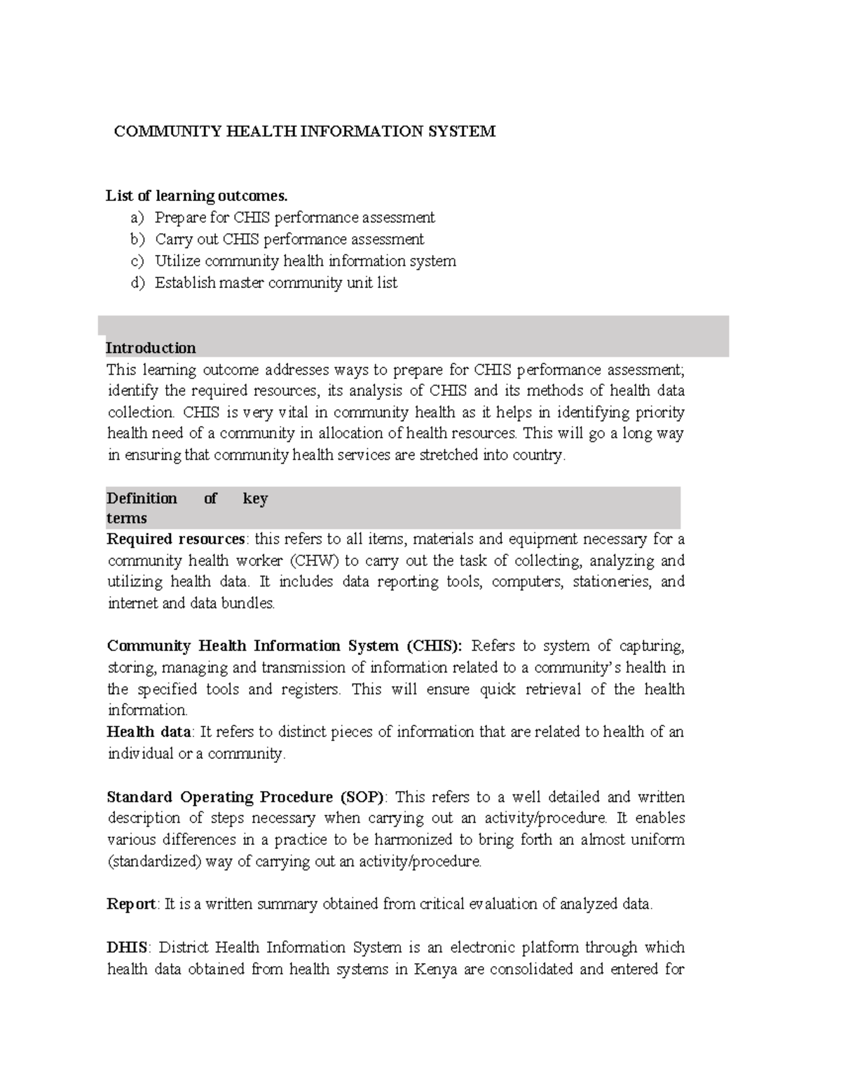 Community Health Information System (CHIS) Learning Outcomes and ...