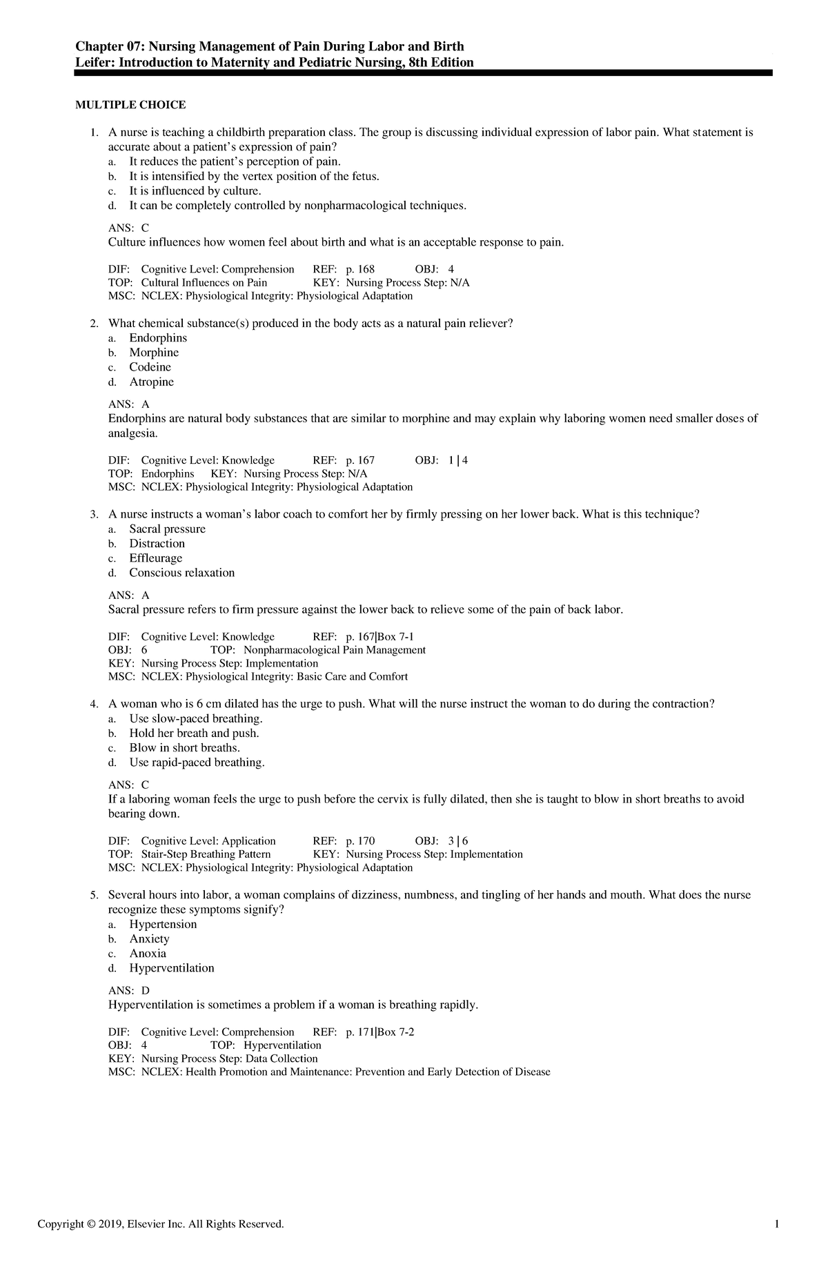 Nursing Management of Pain in Labor: Exam Review - Chapter 07 - Studocu