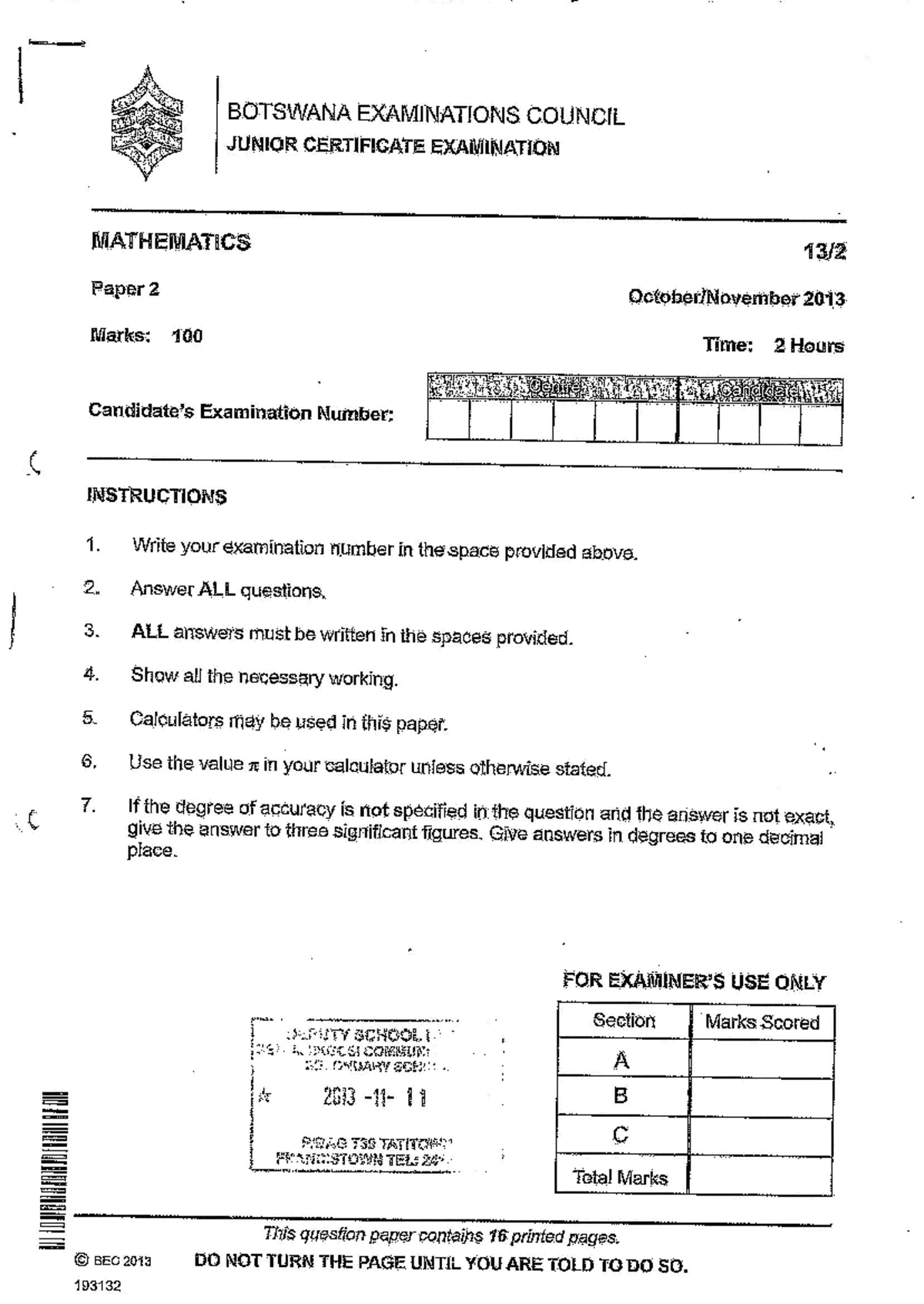 JC BOTSWANA MATHEMATICS EXAMINATION Paper 2 - Questions 2013 - Studocu