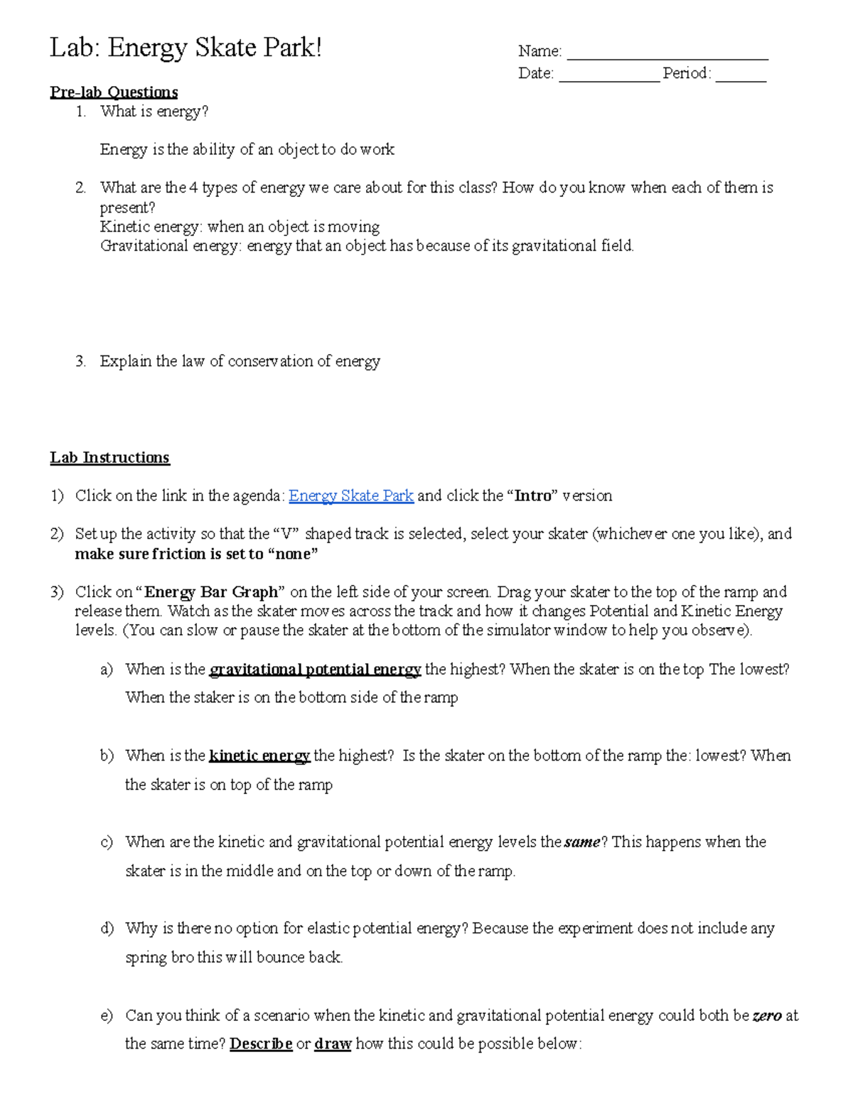 Lab: Energy Skate Park! Questions & Observations for Physics 101 - Studocu
