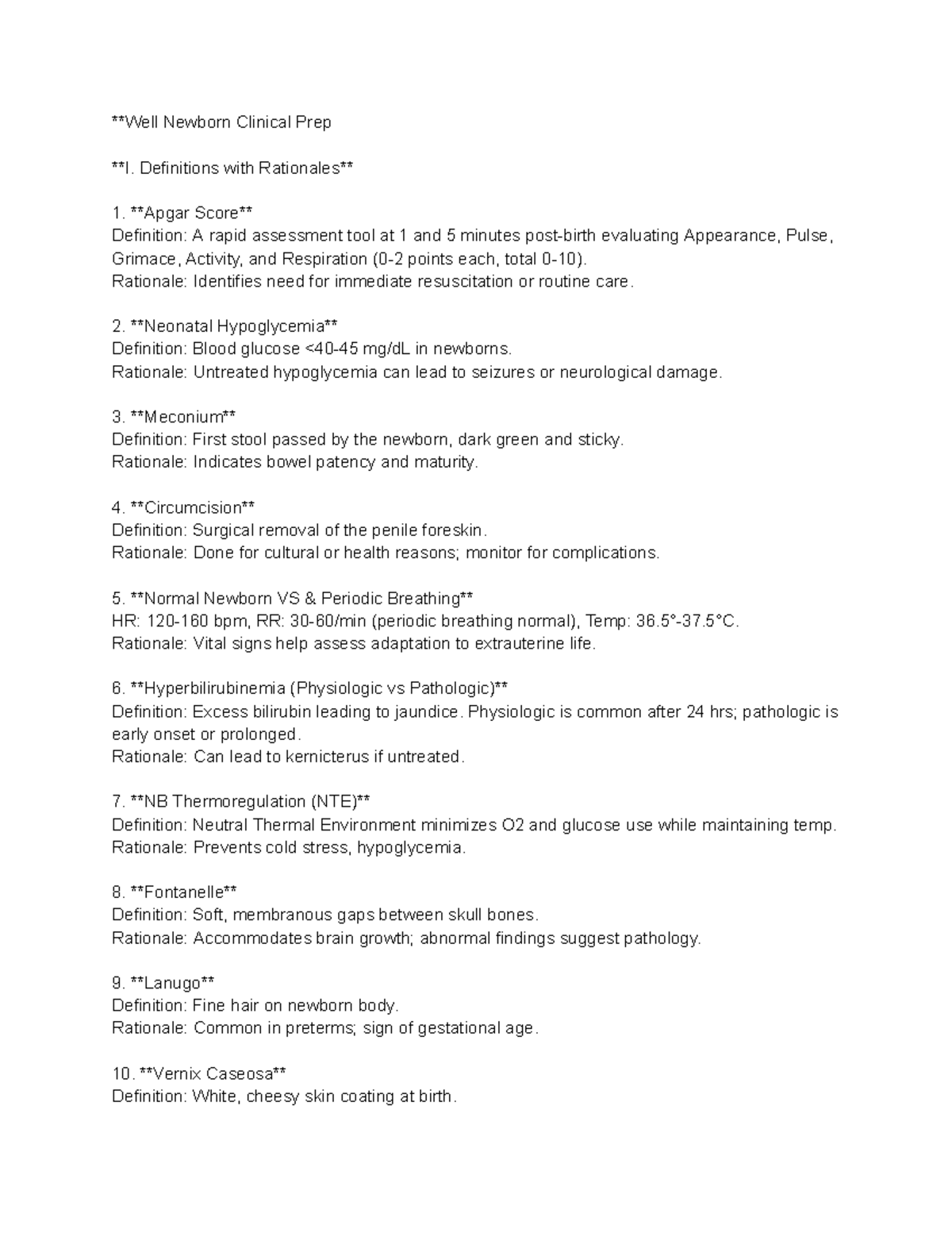 Well Newborn Clinical Prep Definitions and Key Concepts - Studocu