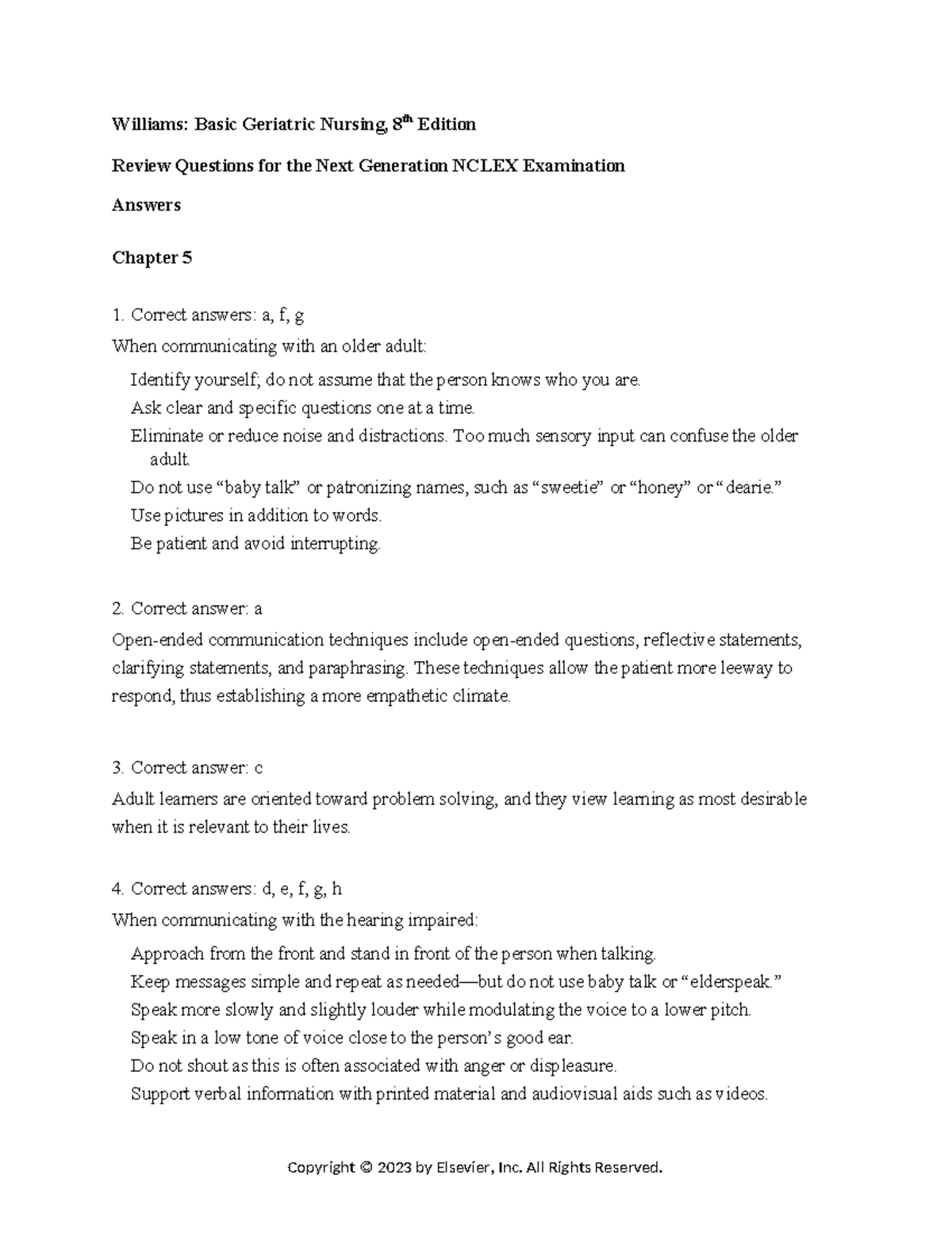 Williams: Basic Geriatric Nursing (8th Ed) Chapter 5 Quiz & Notes - Studocu