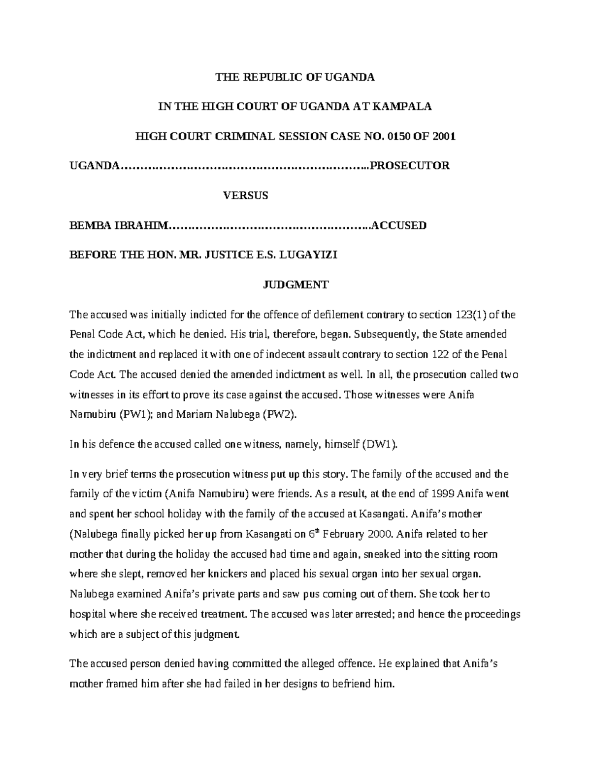 Uganda v. Bemba: High Court Judgment on Indecent Assault Case No. 0150/ ...