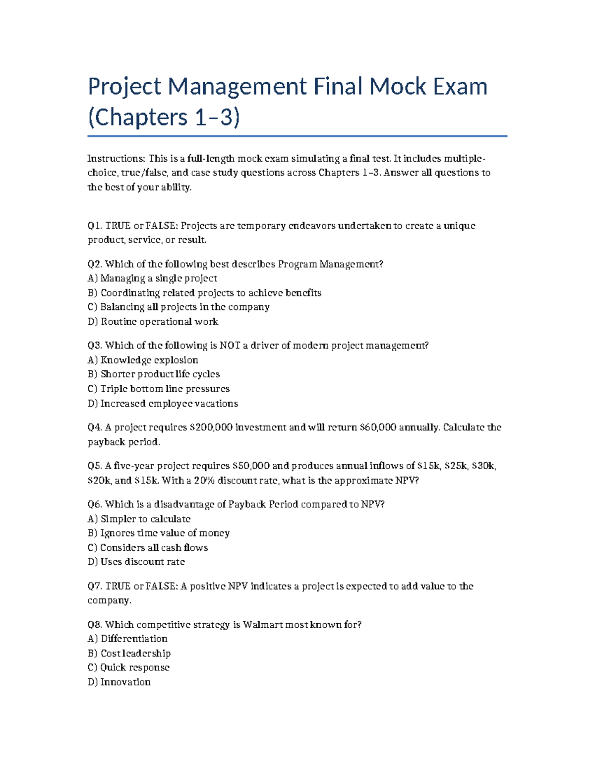 Project Management PMT 101 Final Mock Exam Review - Studocu