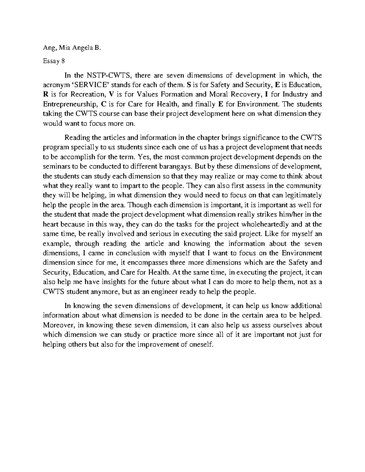 CWTS Essay 8: Understanding the Seven Dimensions of Development - Studocu