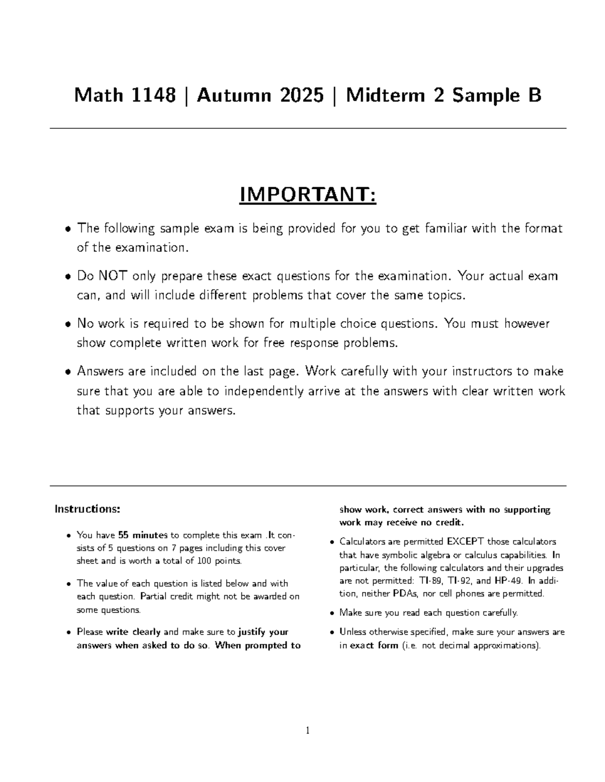 Math 1148 Autumn 2025 Midterm 2 Sample B Exam Questions & Answers - Studocu