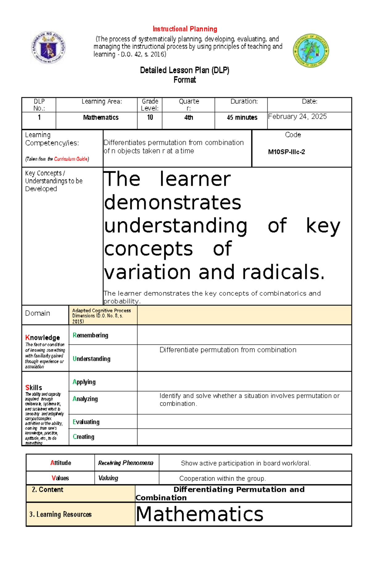 Mathematics DLP No. 1: Understanding Permutations & Combinations (Grade ...