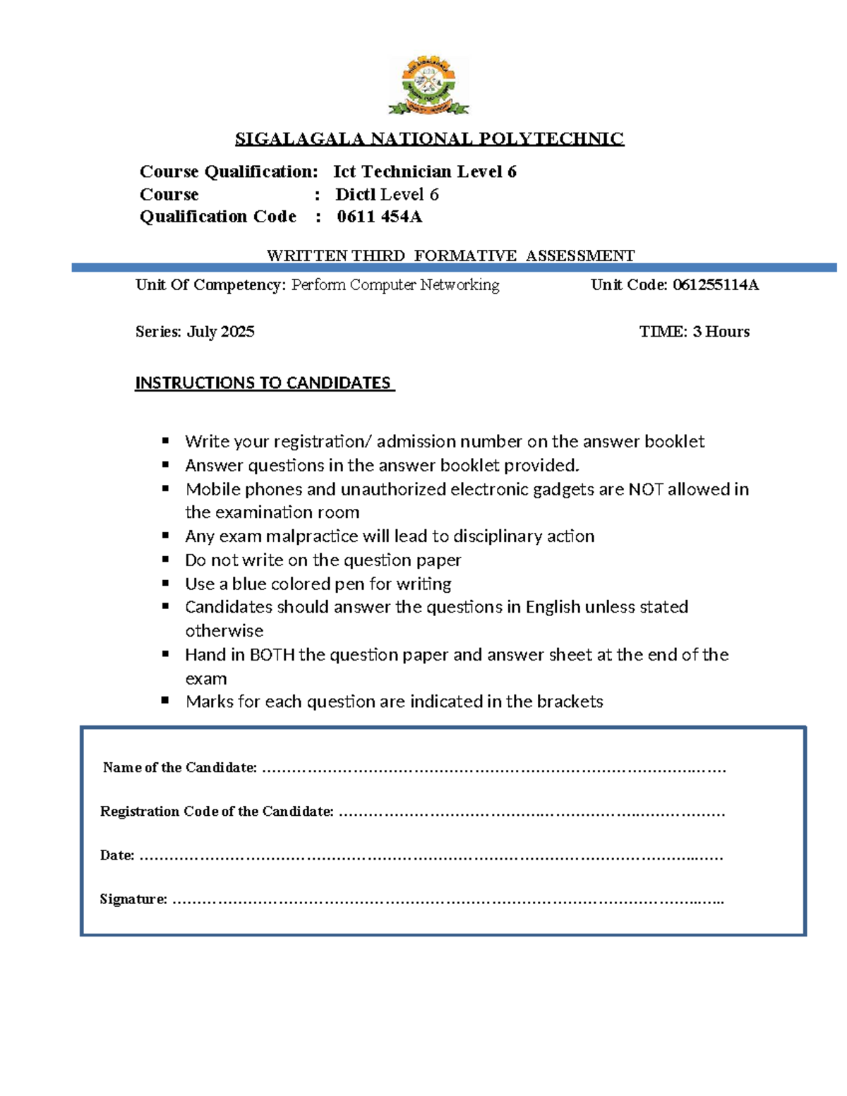 ICT Technician Level 6: Third Formative Assessment (0611 454A) - Studocu