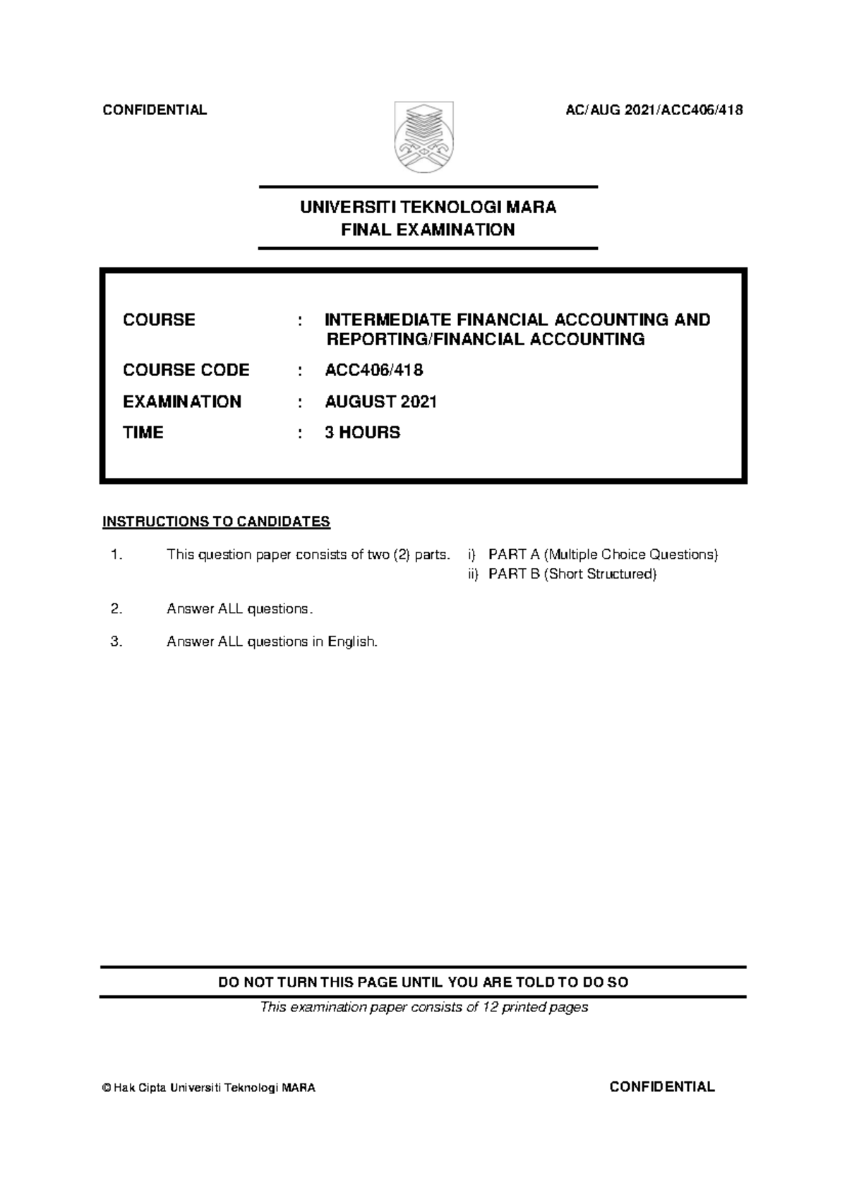 ACC406 Final Exam August 2021 - Intermediate Financial Accounting - Studocu
