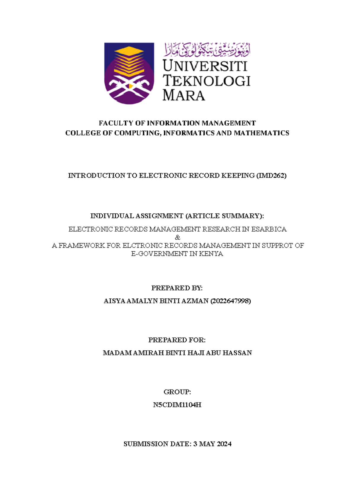 IMD262 Individual Assignment: Analysis of Electronic Records Management ...