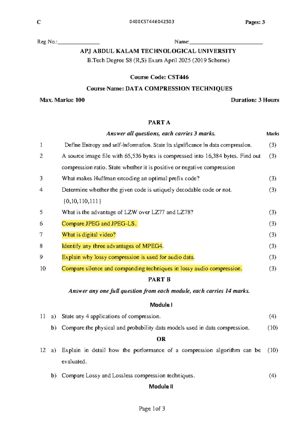 CST446 Data Compression Techniques - B.Tech S8 Exam April 2025 - Studocu