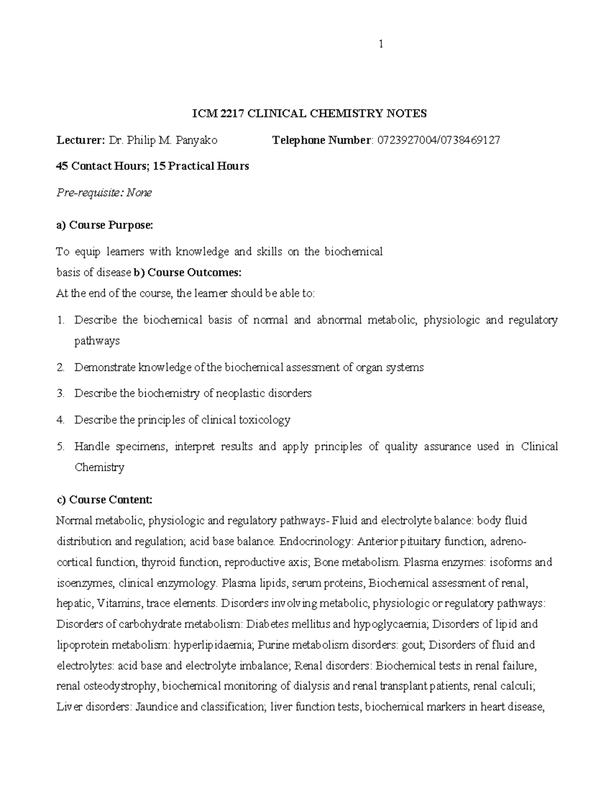 ICM 2217 Clinical Chemistry Lecture Notes: Metabolism & Electrolyte ...