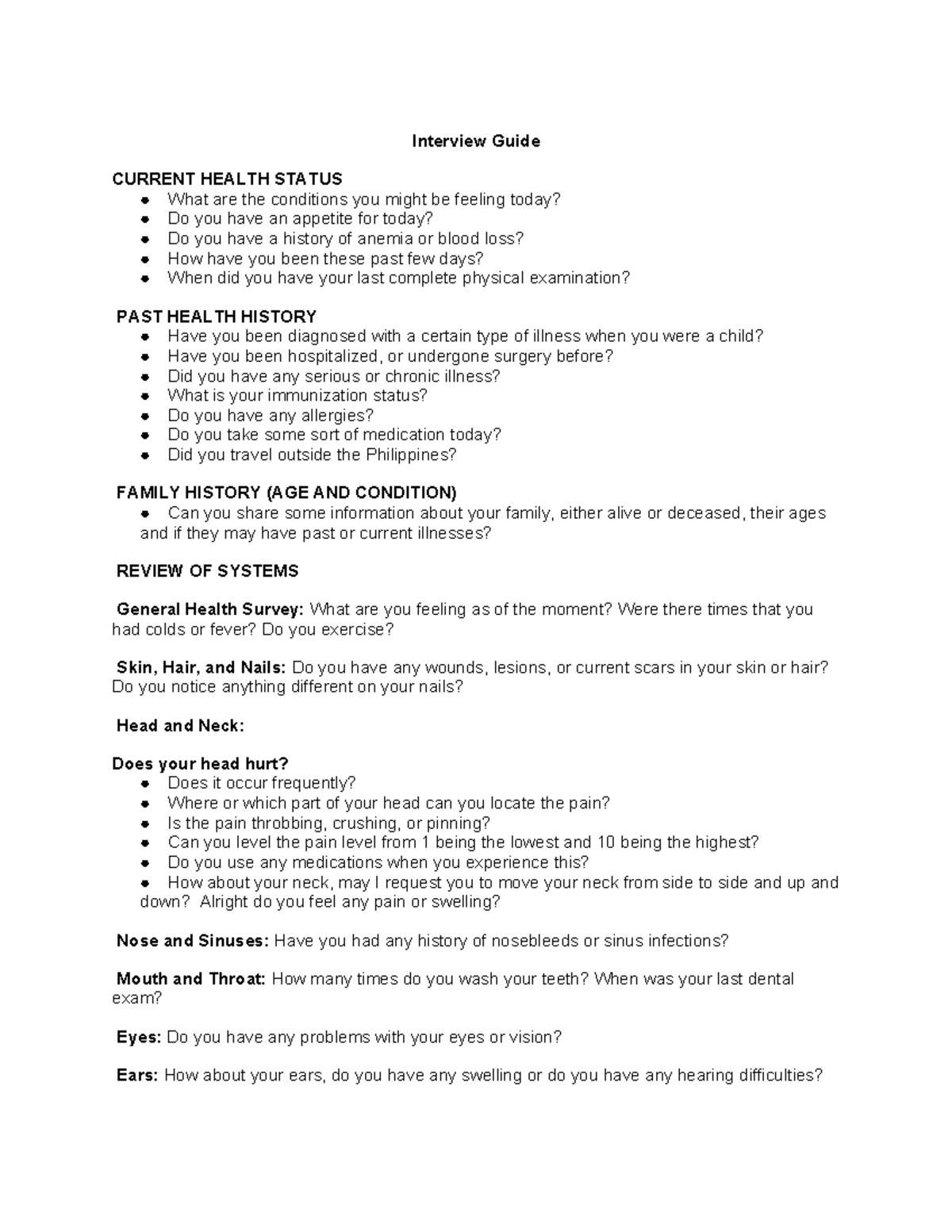 Interview-Guide - Interview guide for assessment - Interview Guide CURRENT HEALTH STATUS What ...