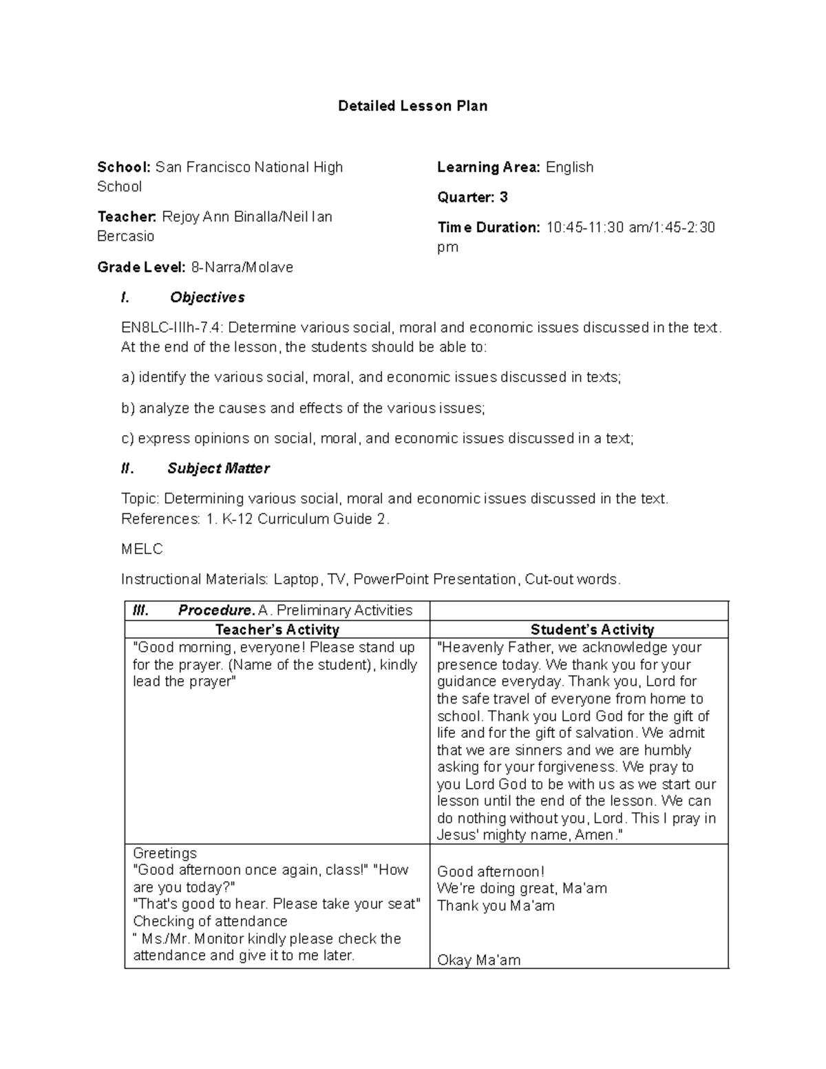EN8-Lesson Plan: Exploring Social, Moral & Economic Issues in Texts ...