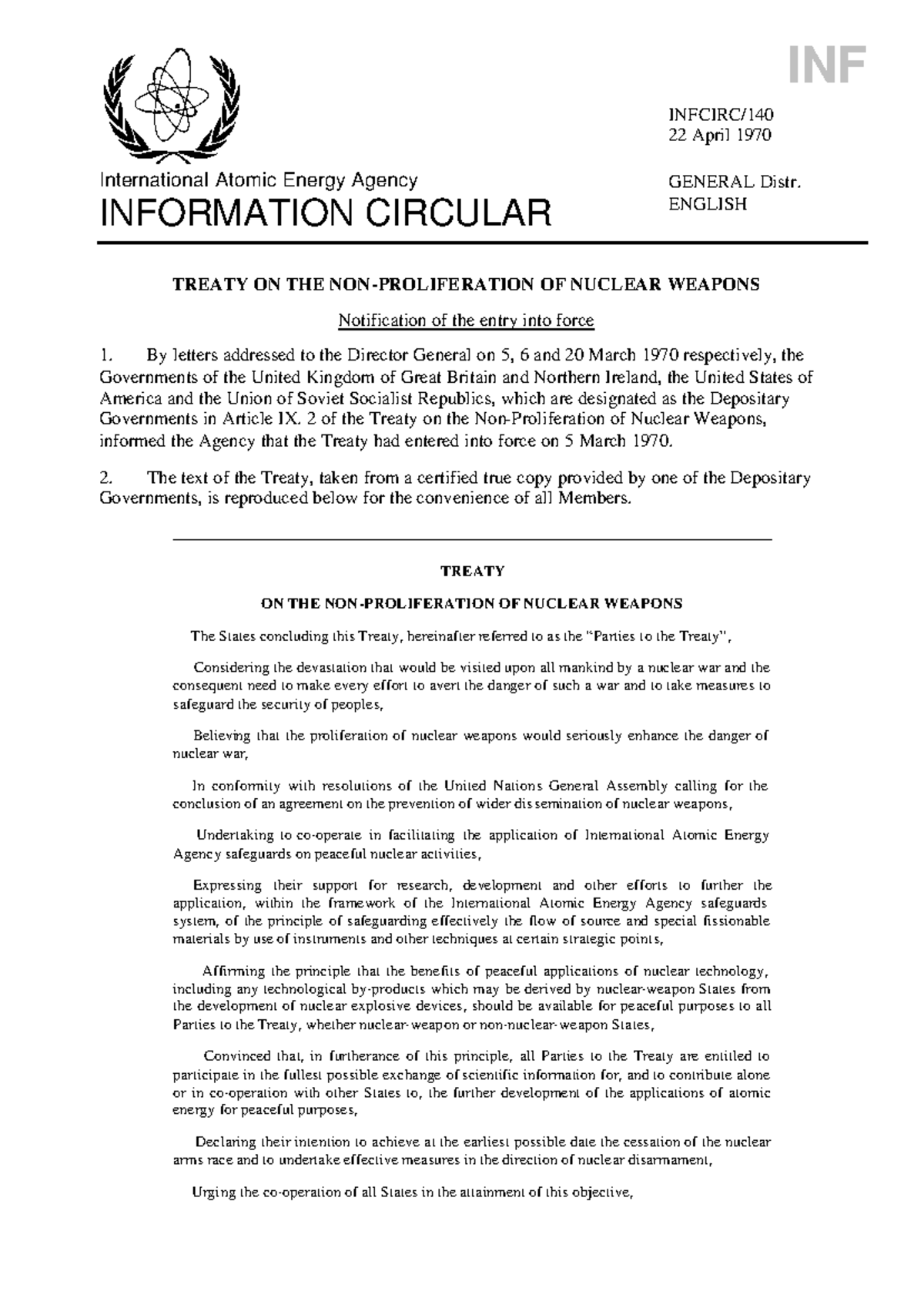 INF 22 - Treaty on the Non-Proliferation of Nuclear Weapons - Studocu