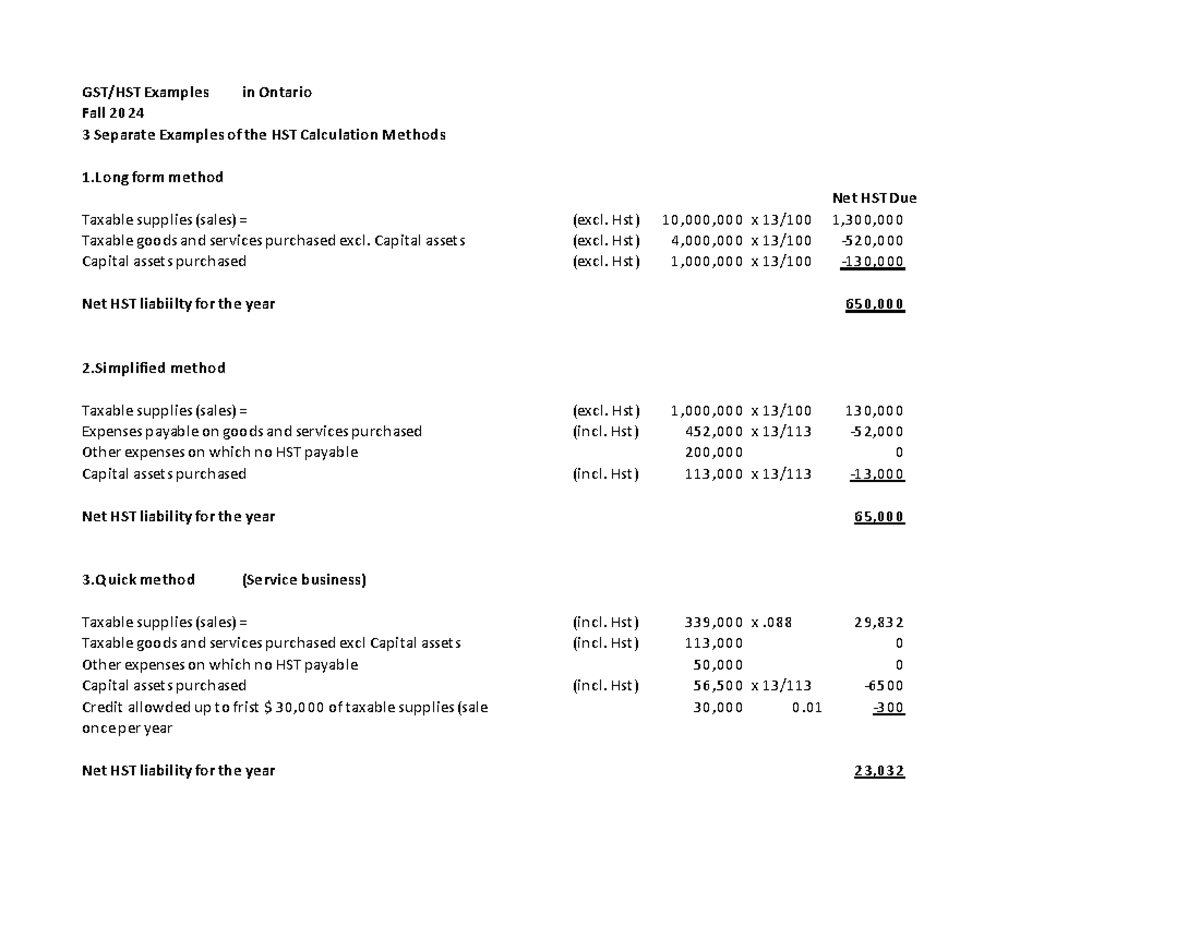 HST Examples - GST/HST Examples in Ontario Fall 2024 3 Separate ...