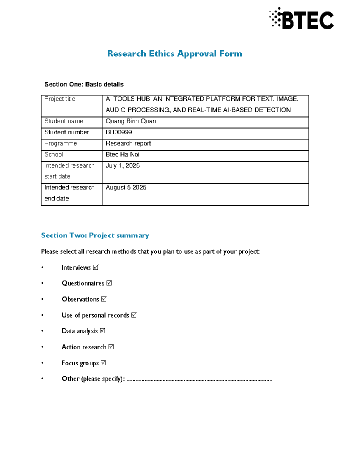 Research Ethics Approval Form for AI Tools Hub (BH00999) - Studocu