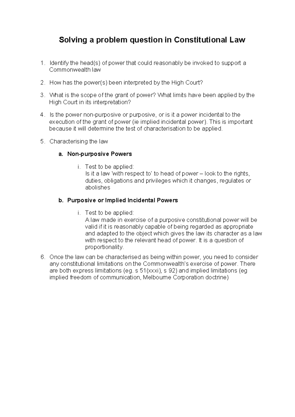 Constitutional Law Characterisation Steps & Interpretation Guide - Studocu