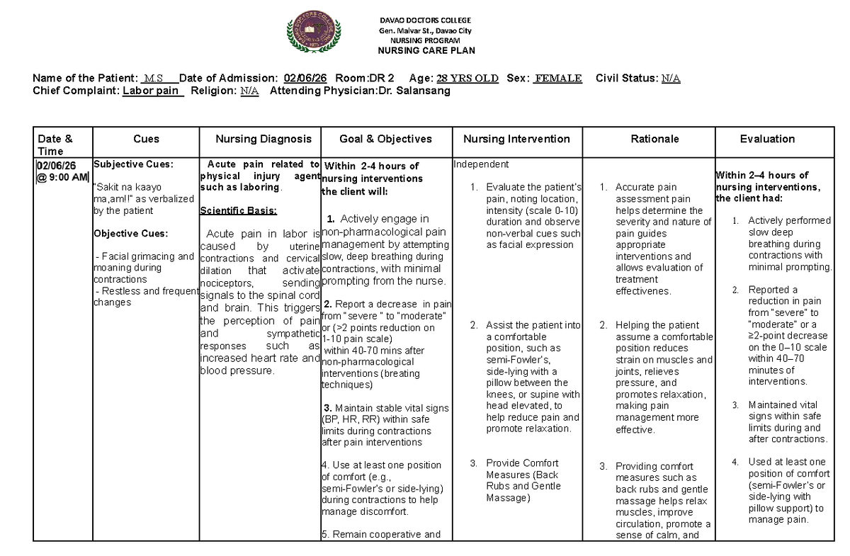 NURSING CARE PLAN (NCP) for Acute Pain Management in Labor - Studocu