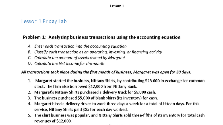 Lesson 1 (ACCT101) Friday Lab: Analyzing Business Transactions - Studocu