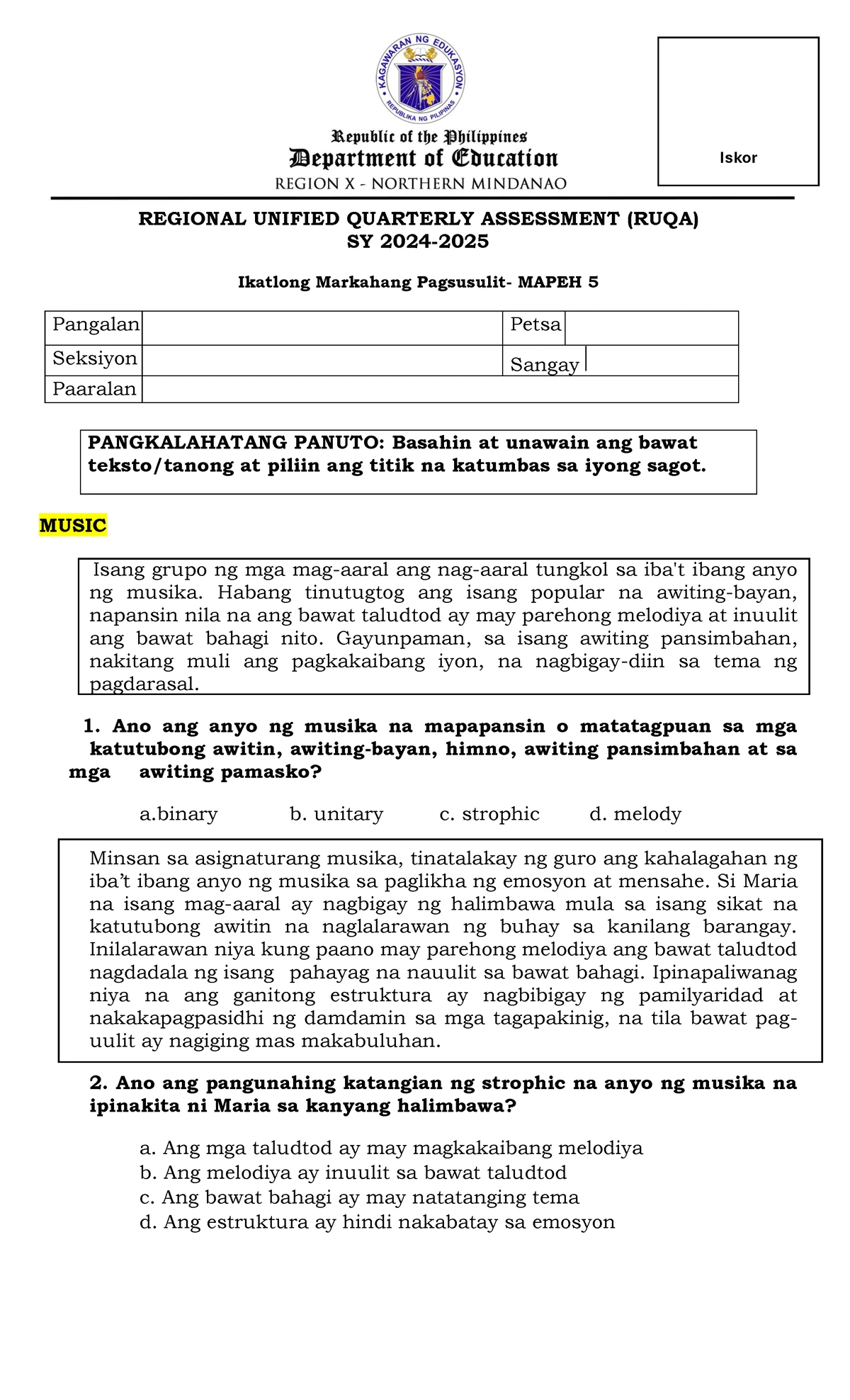 Filipino 5 - RUQA: Ikaapat na Markahan Pagsusulit at Gawain - Studocu