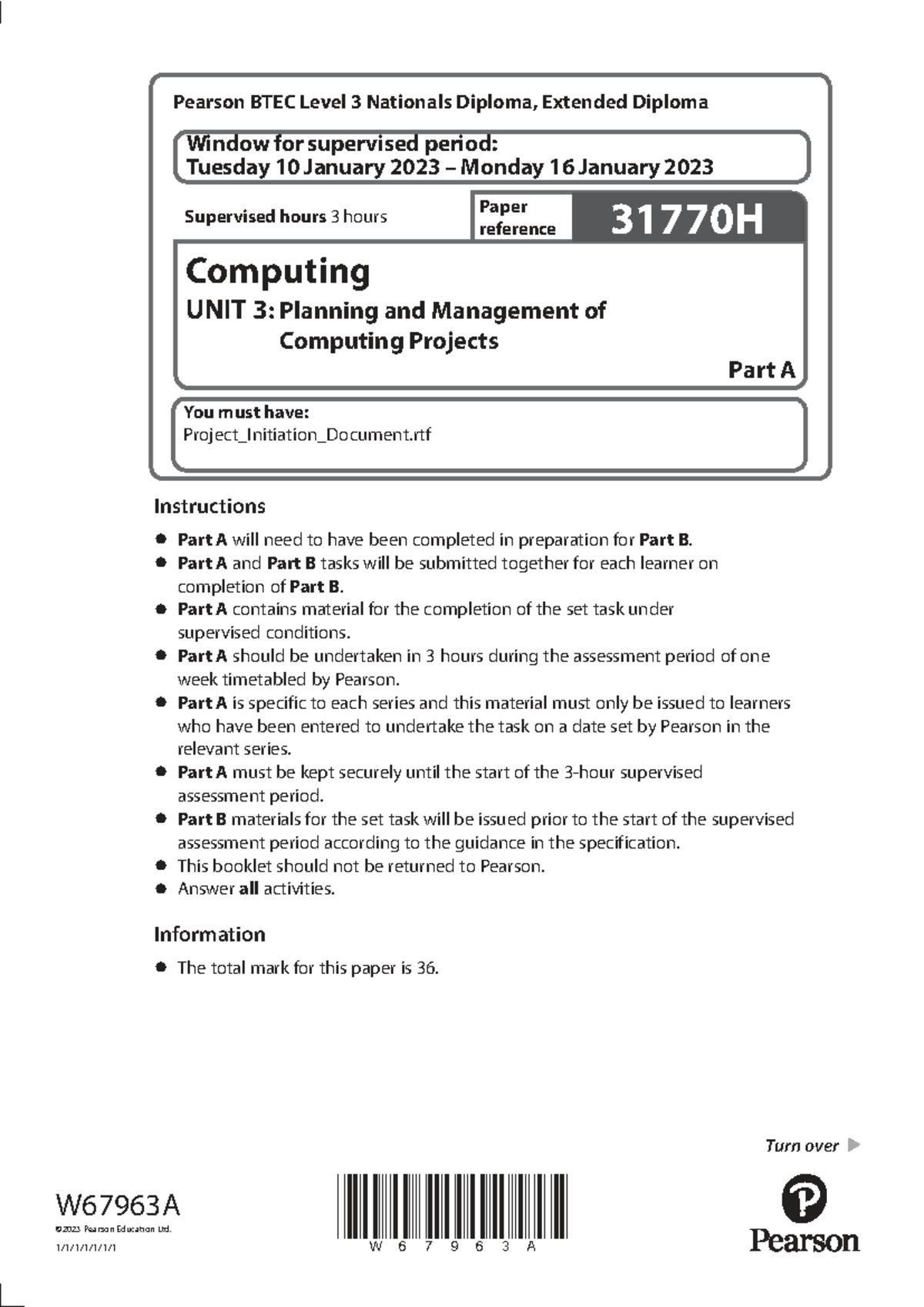 BTEC Computing 31770H Unit 3: Project Management Part A & B - Jan 2023 ...