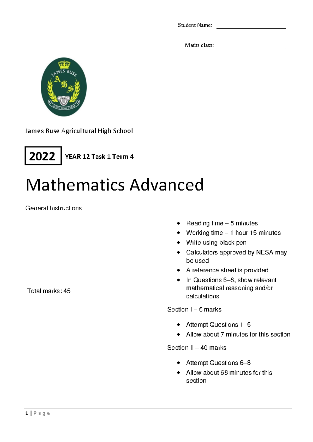 2023 HSC Adv Task 1 - Mathematics Exam Paper - Studocu
