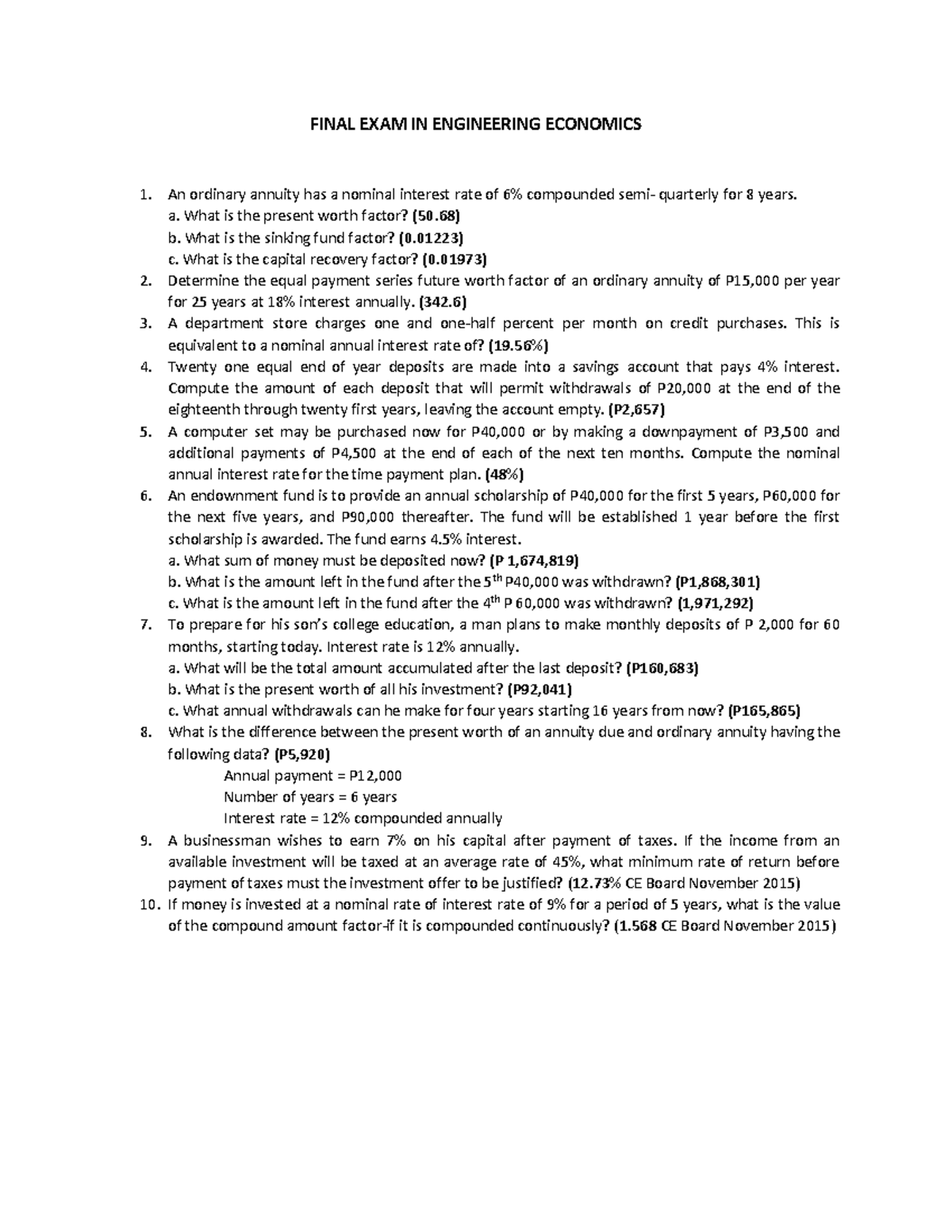 Econ 301: Final Exam Answer Key for Engineering Economics - Studocu