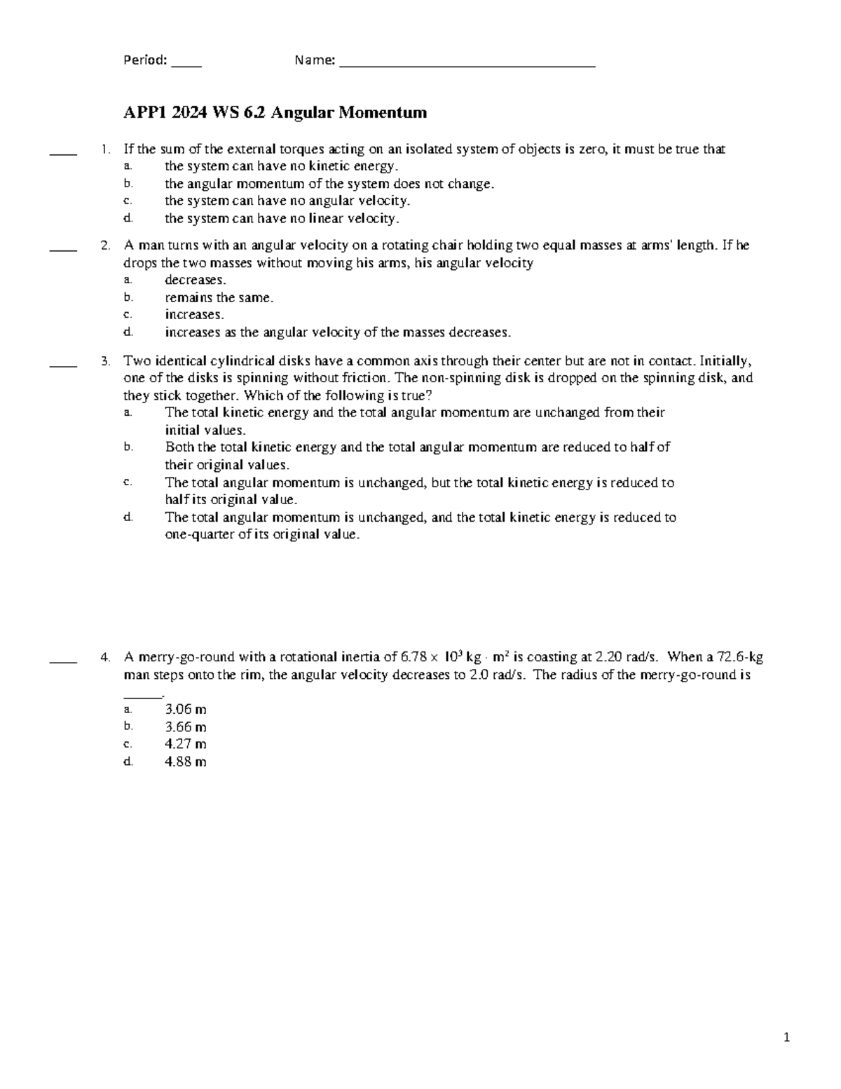 APP1 2024 WS 6 - Angular Momentum Practice Questions - Studocu