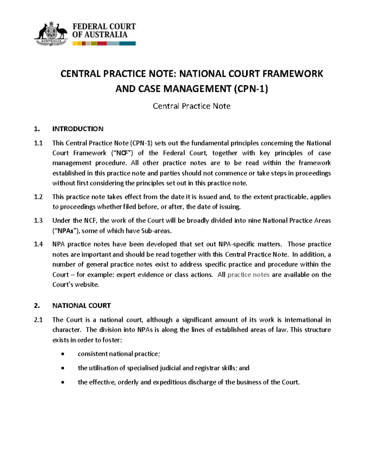 Central Practice Note 1: National Court Framework & Case Management ...