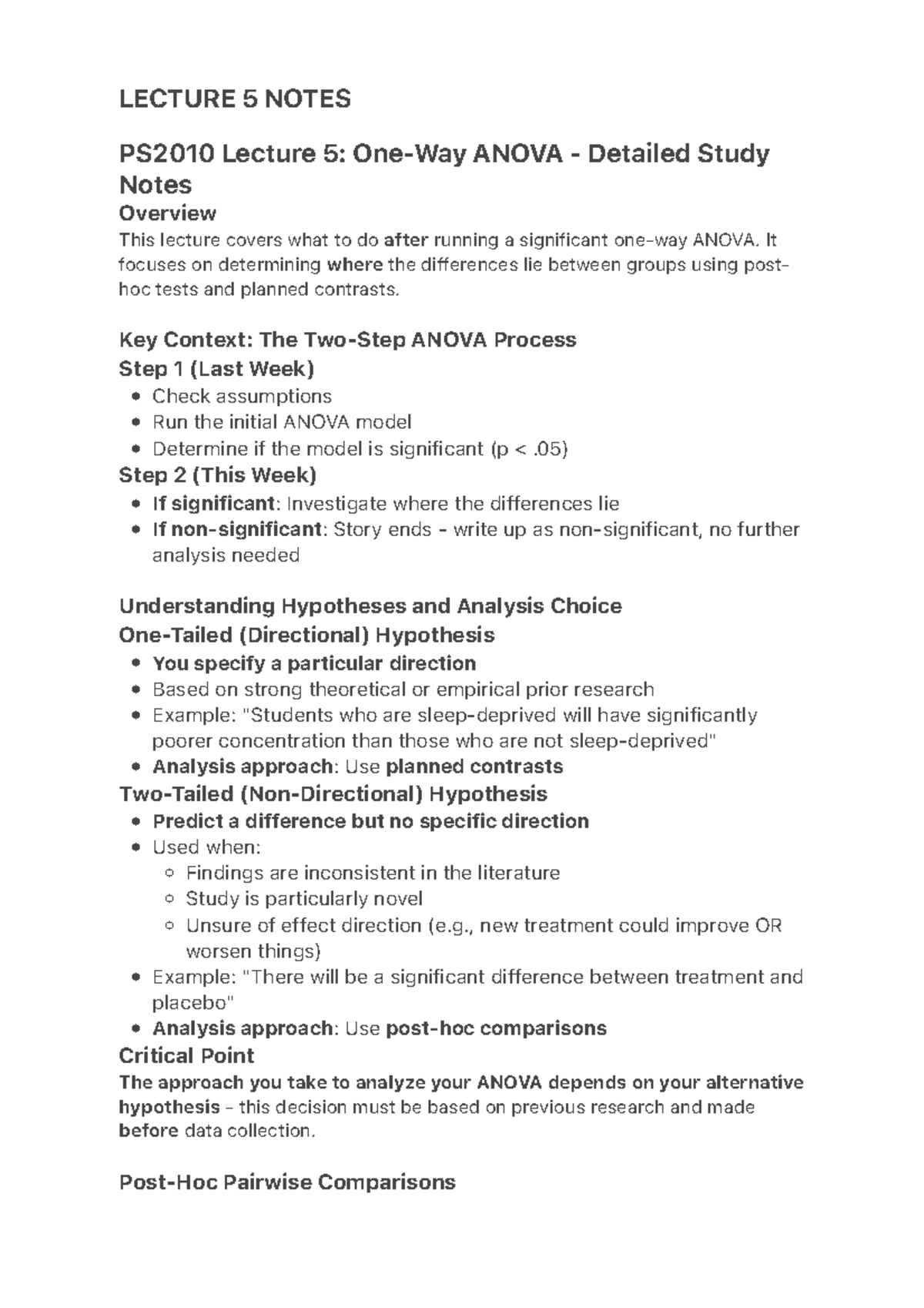 LECTURE 5 NOTES PS2010: ANOVA Analysis and Posthoc Tests - Studocu