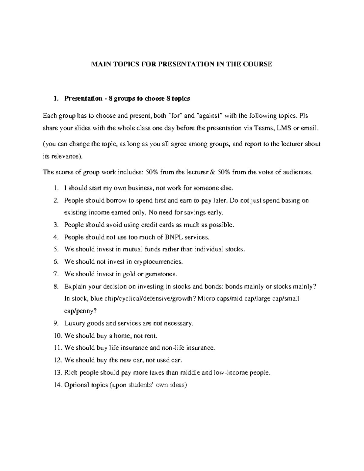 2024.Debate and individual exercises - MAIN TOPICS FOR PRESENTATION IN ...