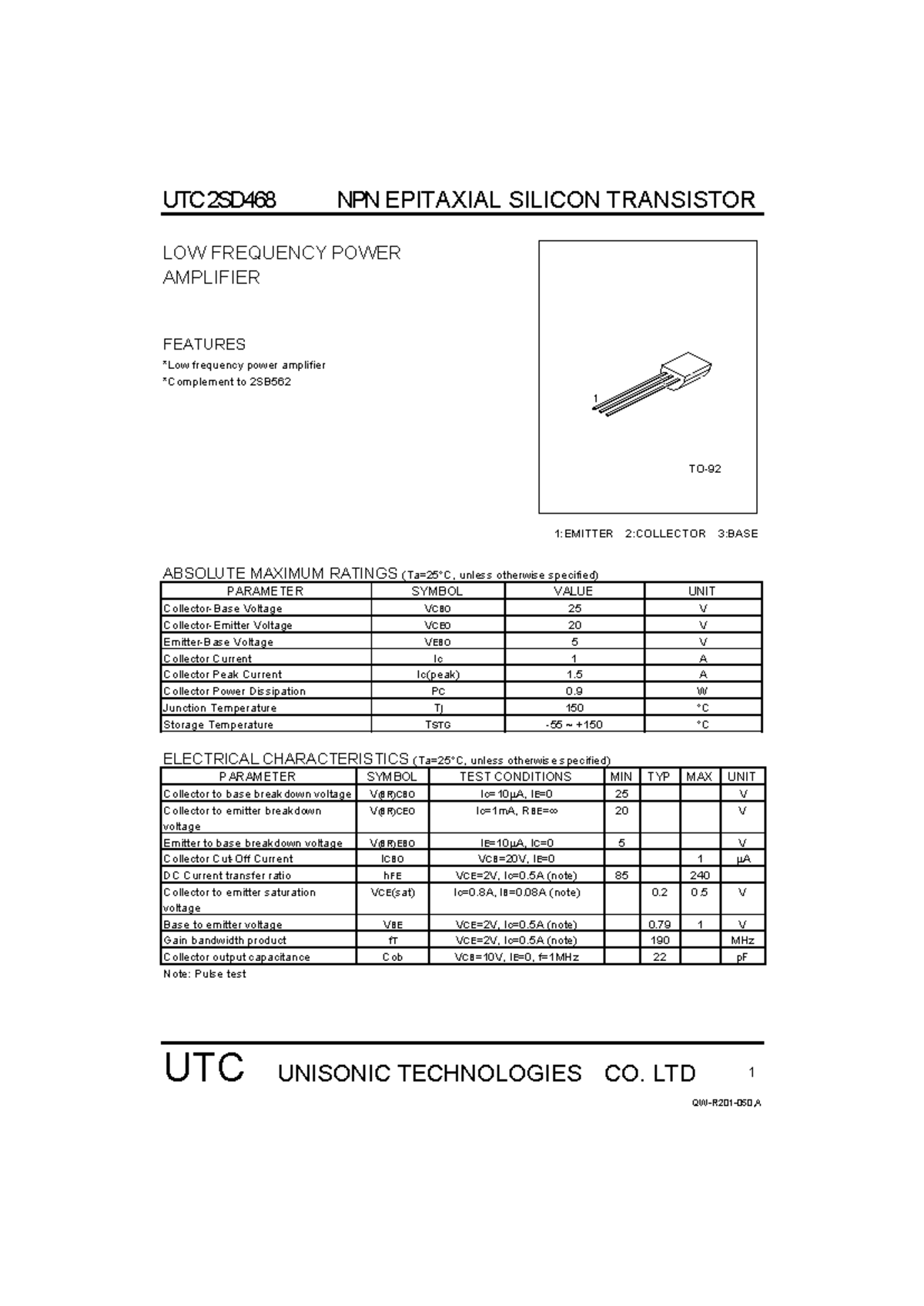 123 - Datasheet - UTC 2SD468 NPN EPITAXIAL SILICON TRANSISTOR UTC ...