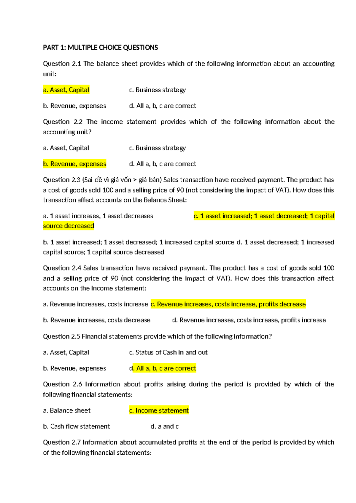 Chapter 2: MCQ Problems for Accounting (Course Code: ACC101) - Studocu