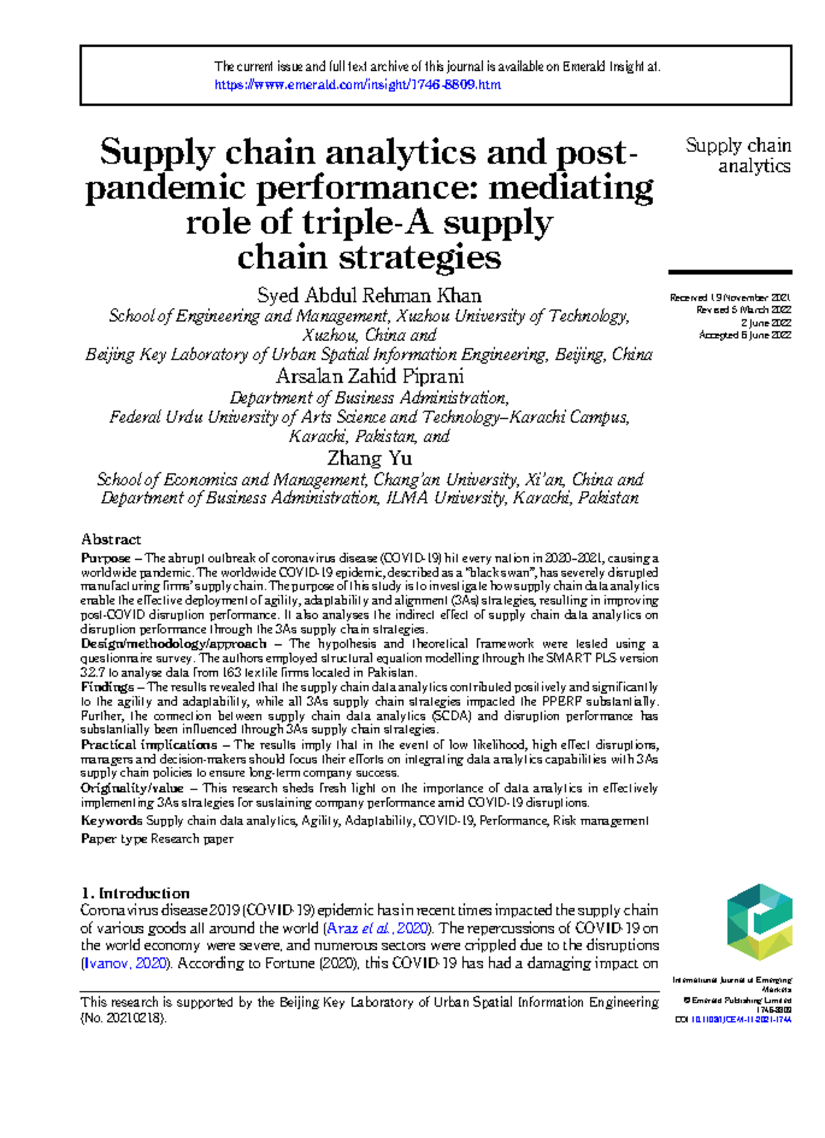 Supply Chain Analytics and Post-Pandemic Performance: The Role of 3A ...