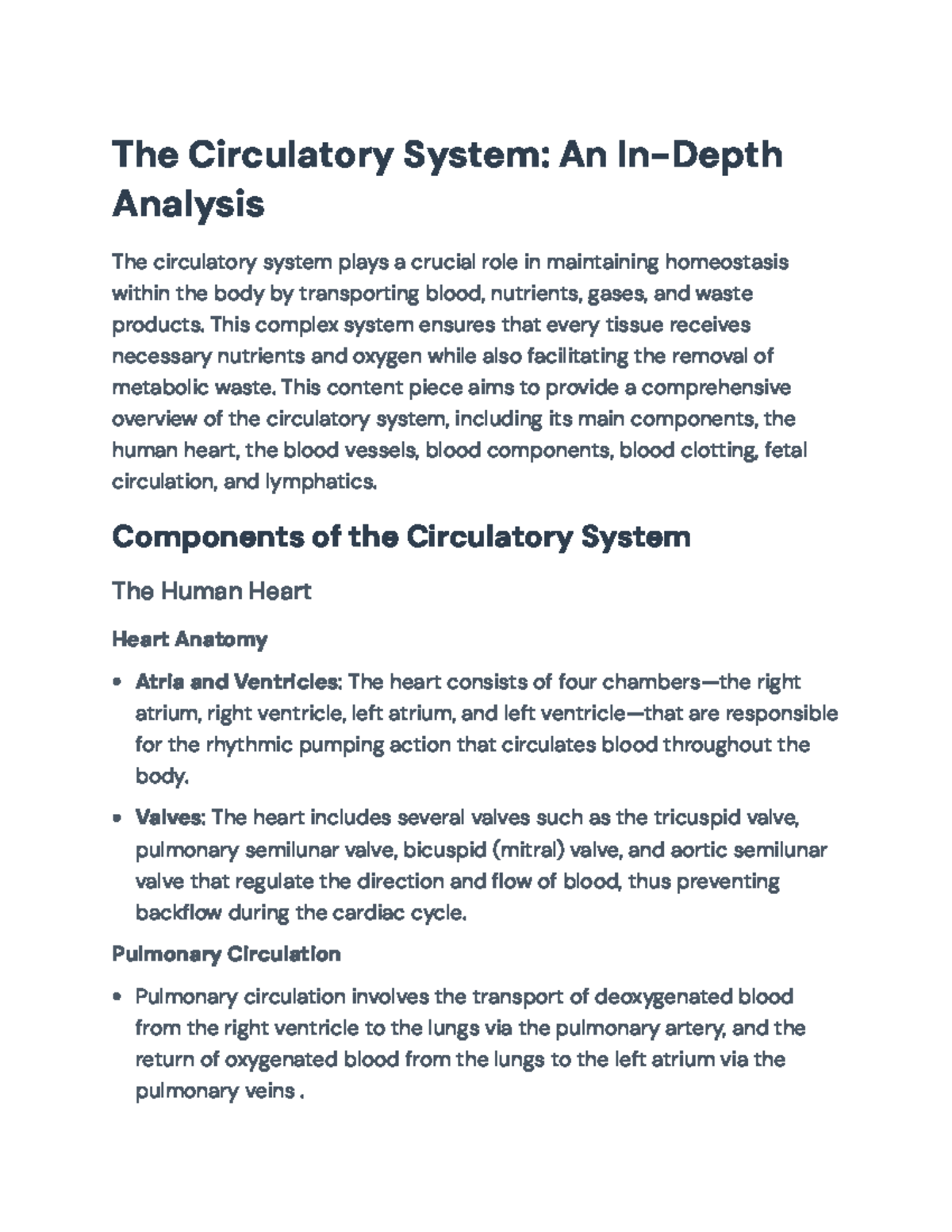 Comprehensive Overview of the Circulatory System (BIO101) - The ...