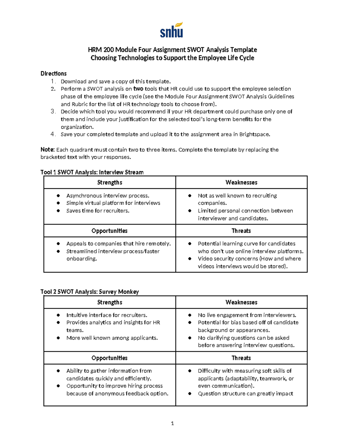 HRM 200 Module Four SWOT Analysis of Interview Tools and Recommendation ...