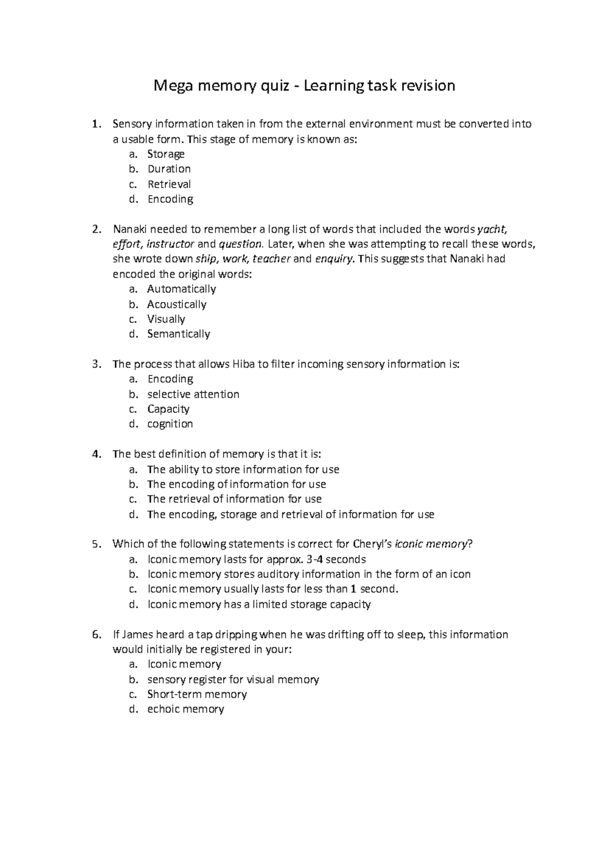 Mega Memory Quiz Revision for Psychology 101: Key Concepts & Techniques ...