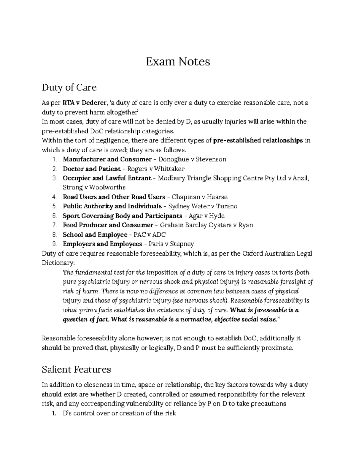 Torts 101: Final Exam Notes on Duty of Care and Negligence - Studocu