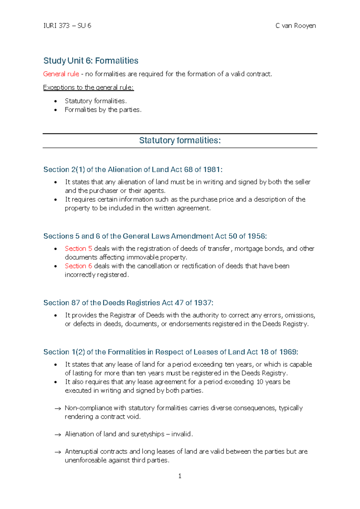IURI 373 SU 6 C van Rooyen Study Unit 6: Contract Formalities and ...