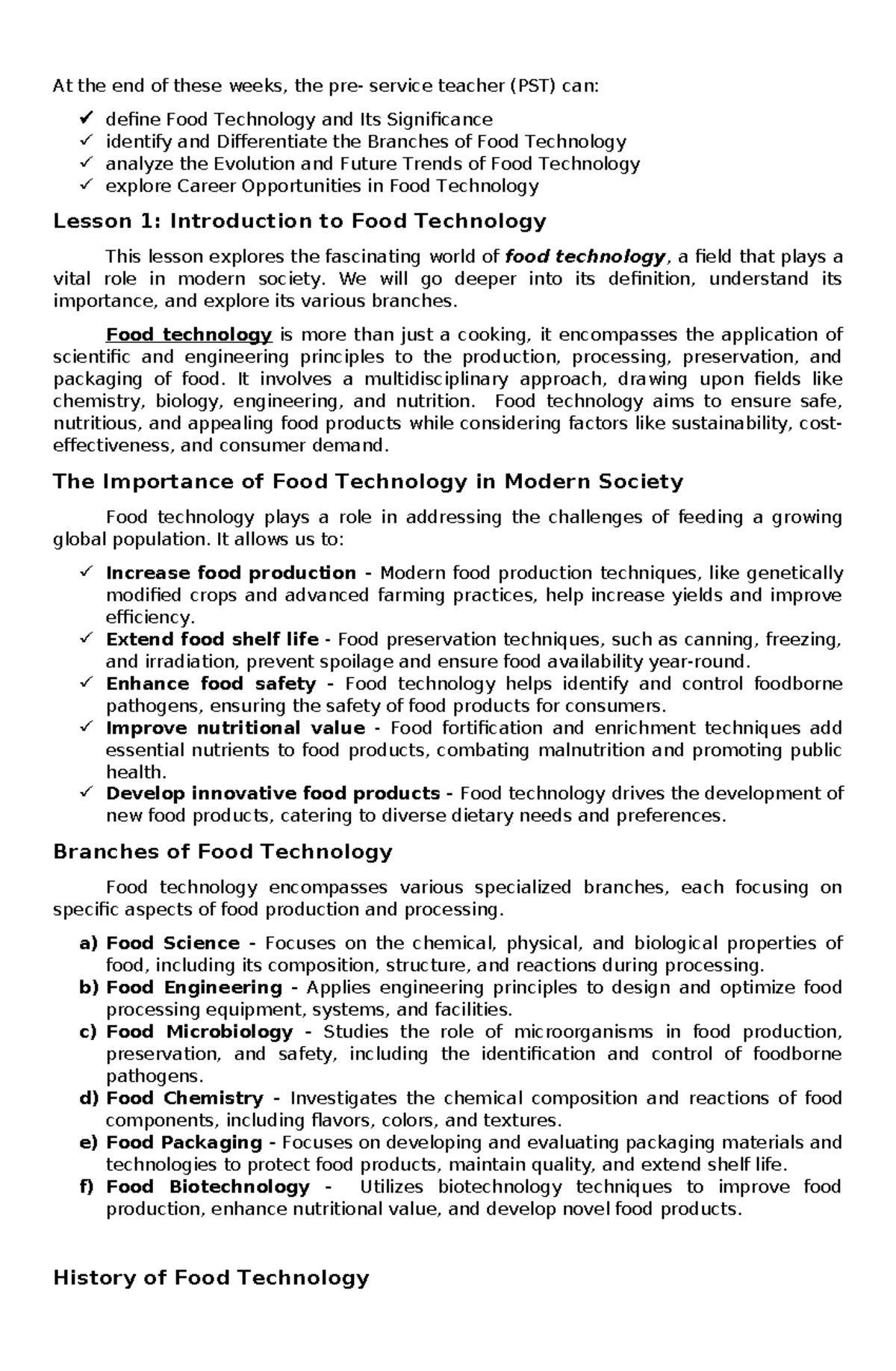 HE 15 Lesson 1: Introduction to Food Technology and Its Significance ...