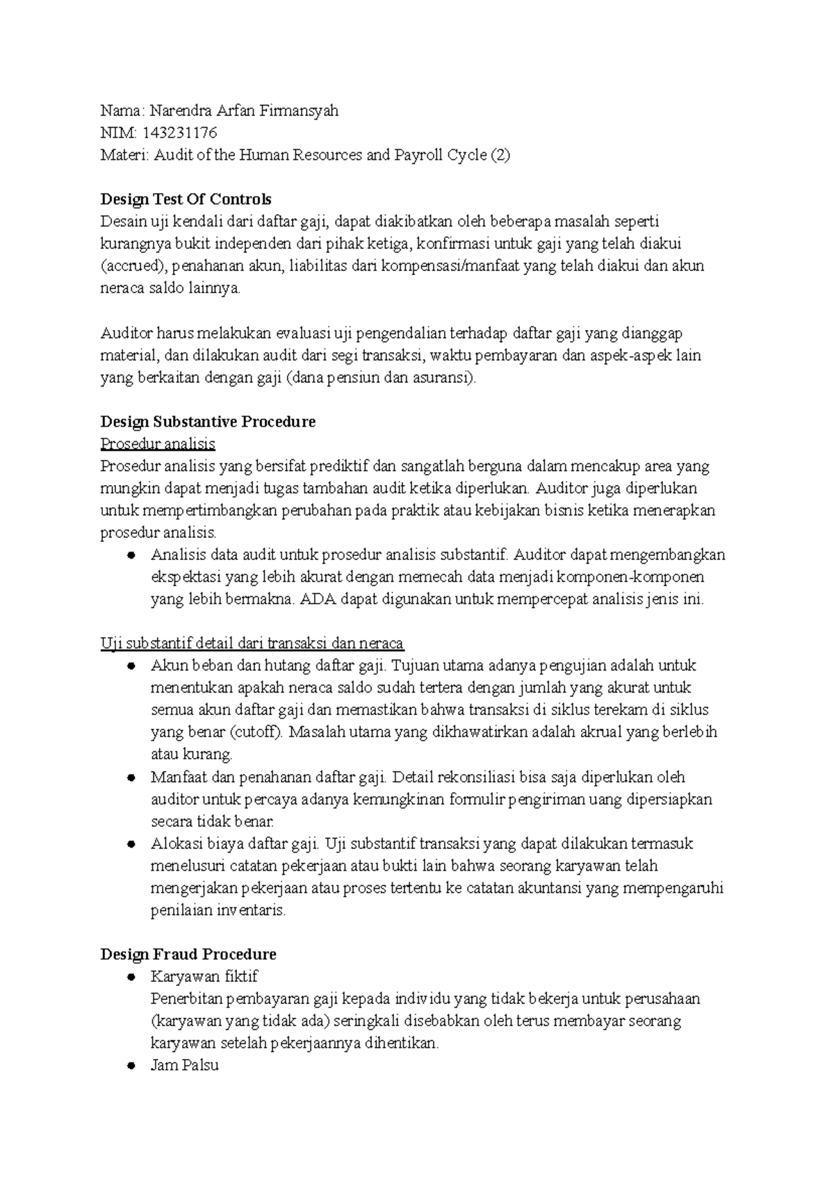 Audit of Human Resources & Payroll Cycle: Design Test Controls (PBR 2 ...