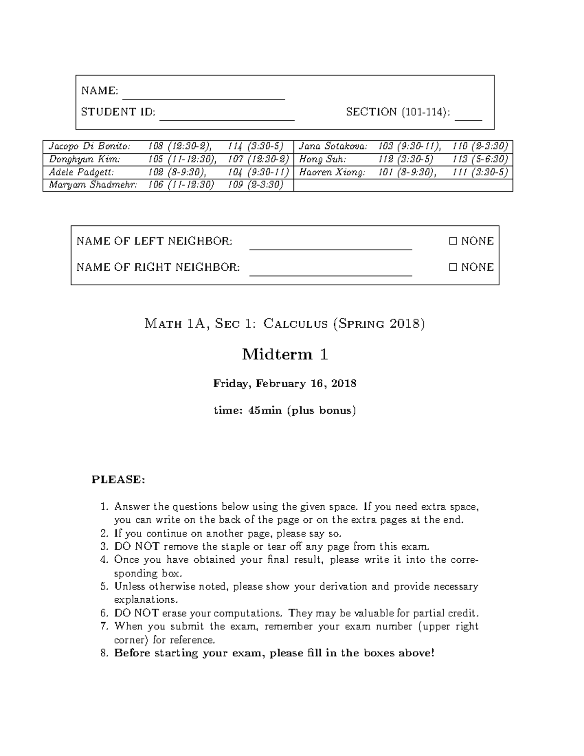 Math 1A Sec 1: Midterm 1 Practice Exam (Spring 2018) - Studocu