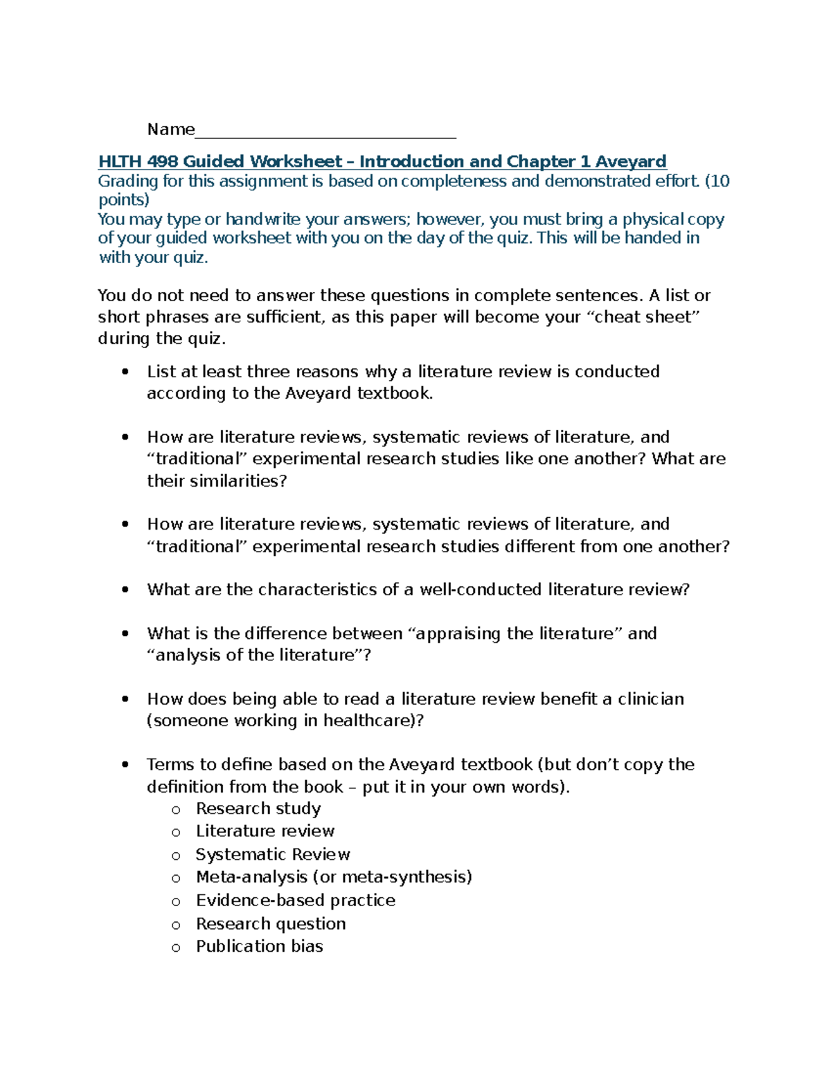 HLTH 498 Guided Worksheet: Intro & Chapter 1 Aveyard Notes - Studocu