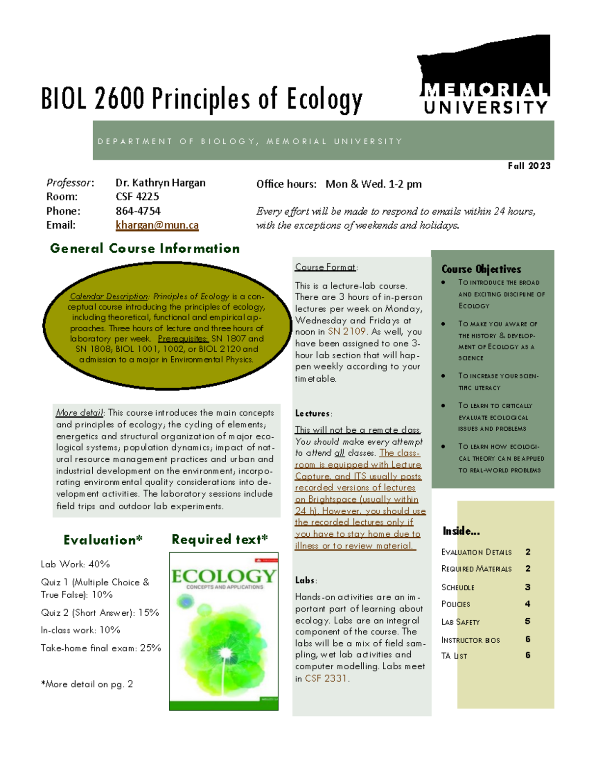BIOL 2600 Principles of Ecology Syllabus - Fall 2023 Overview - Studocu