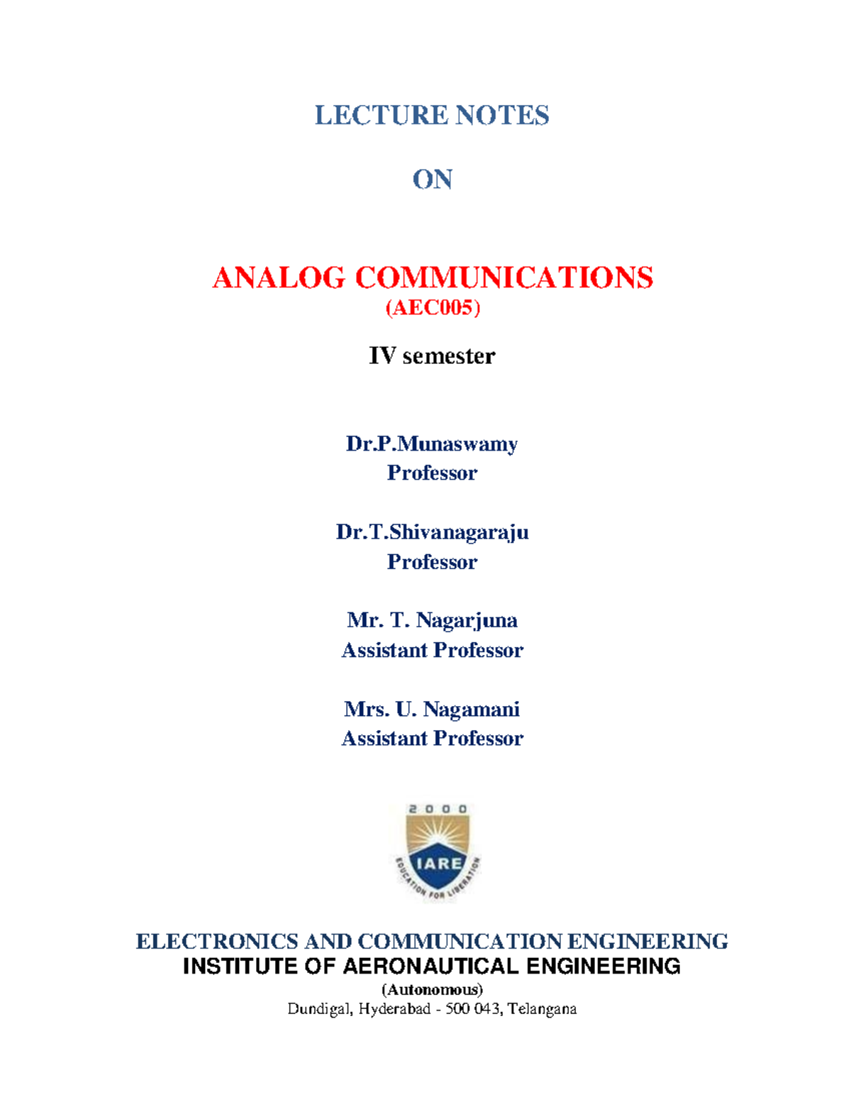 Lecture Notes on Analog Communications (AEC005) for IV Semester ECE ...
