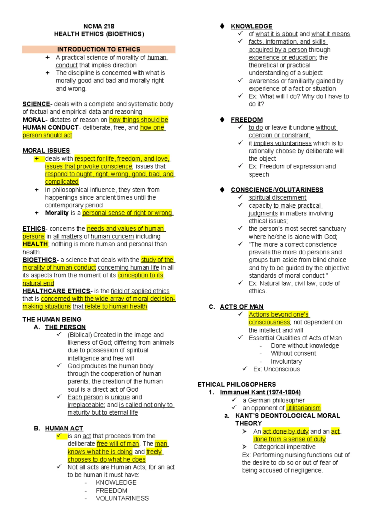 NCMA 218 - Health Ethics Midterm Study Guide and Key Concepts - Studocu